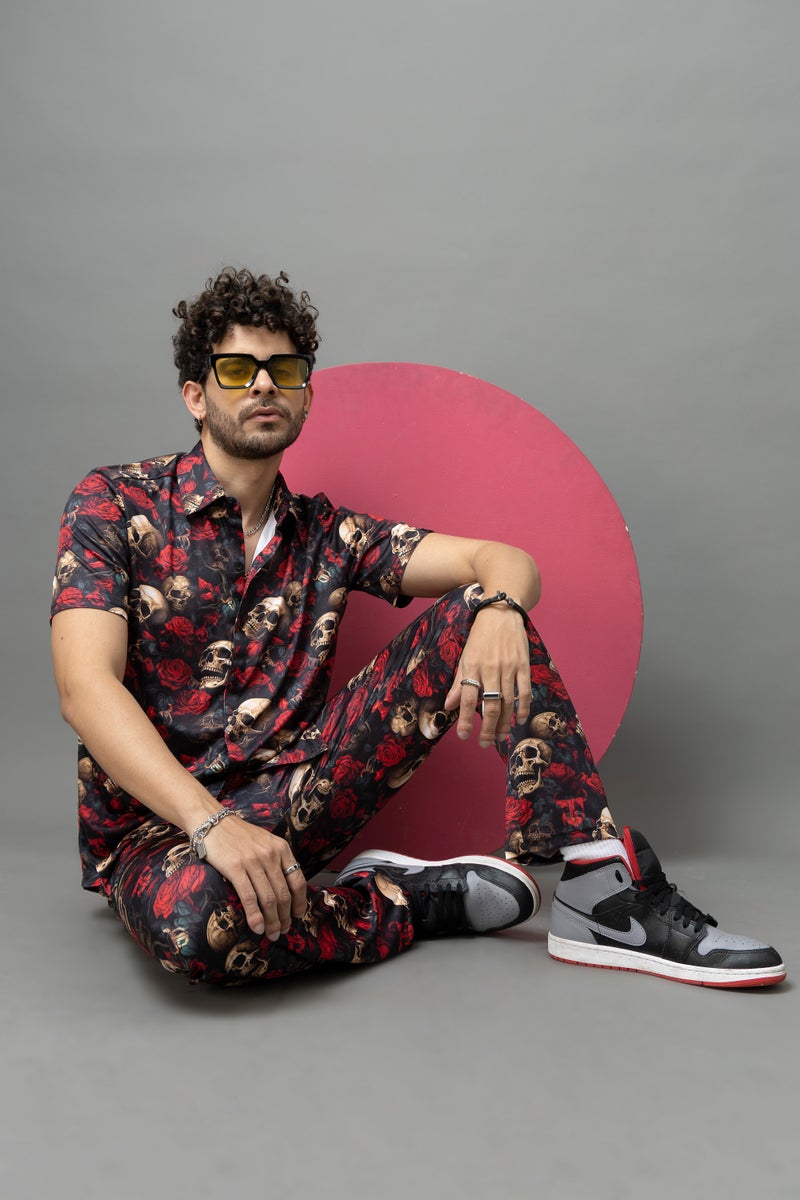 GO DEVIL Skull and Rose Print Co-Ord Set for Men - Image 4